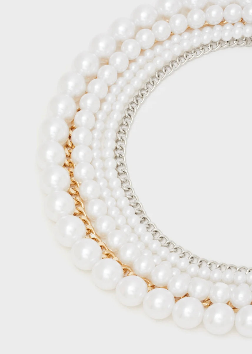 COLLANA MULTIFILO CON PERLE E CATENE ORO/ARGENTO