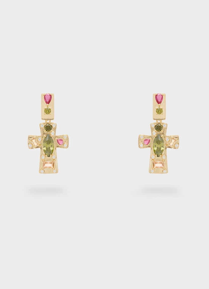 ORECCHINI CROCE ORO ZIRCONI VERDE FUCSIA