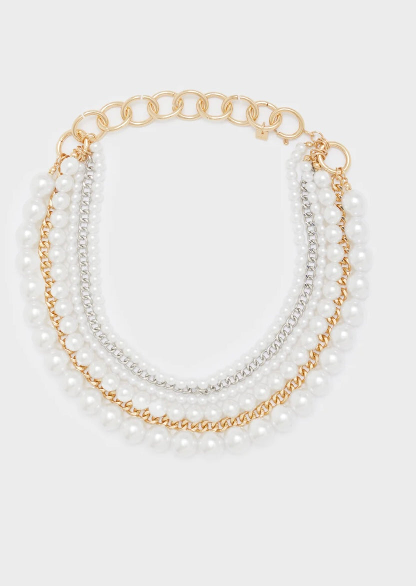 COLLANA MULTIFILO CON PERLE E CATENE ORO/ARGENTO