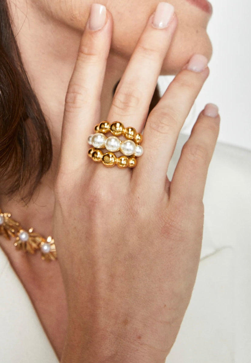 ANELLO SFERE E PERLE PLAC.ORO 18KT