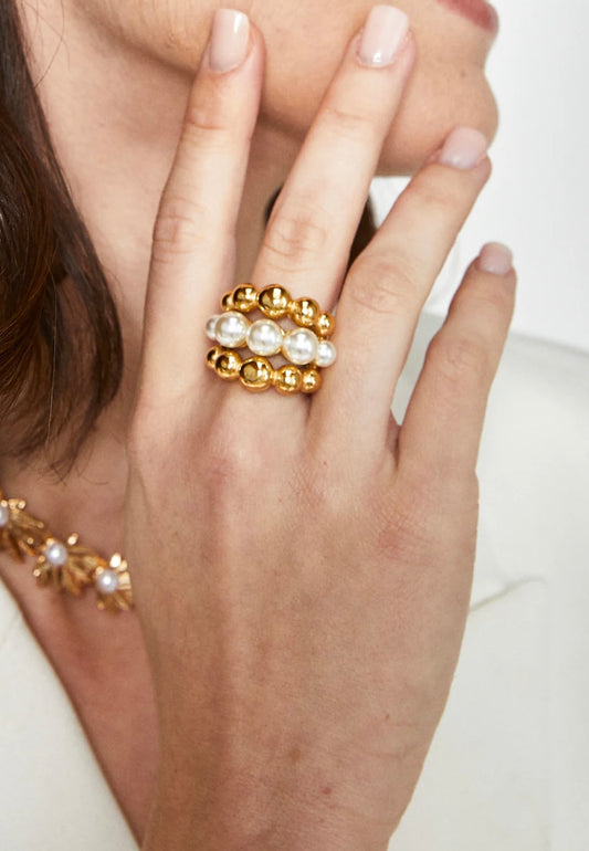 ANELLO SFERE E PERLE PLAC.ORO 18KT