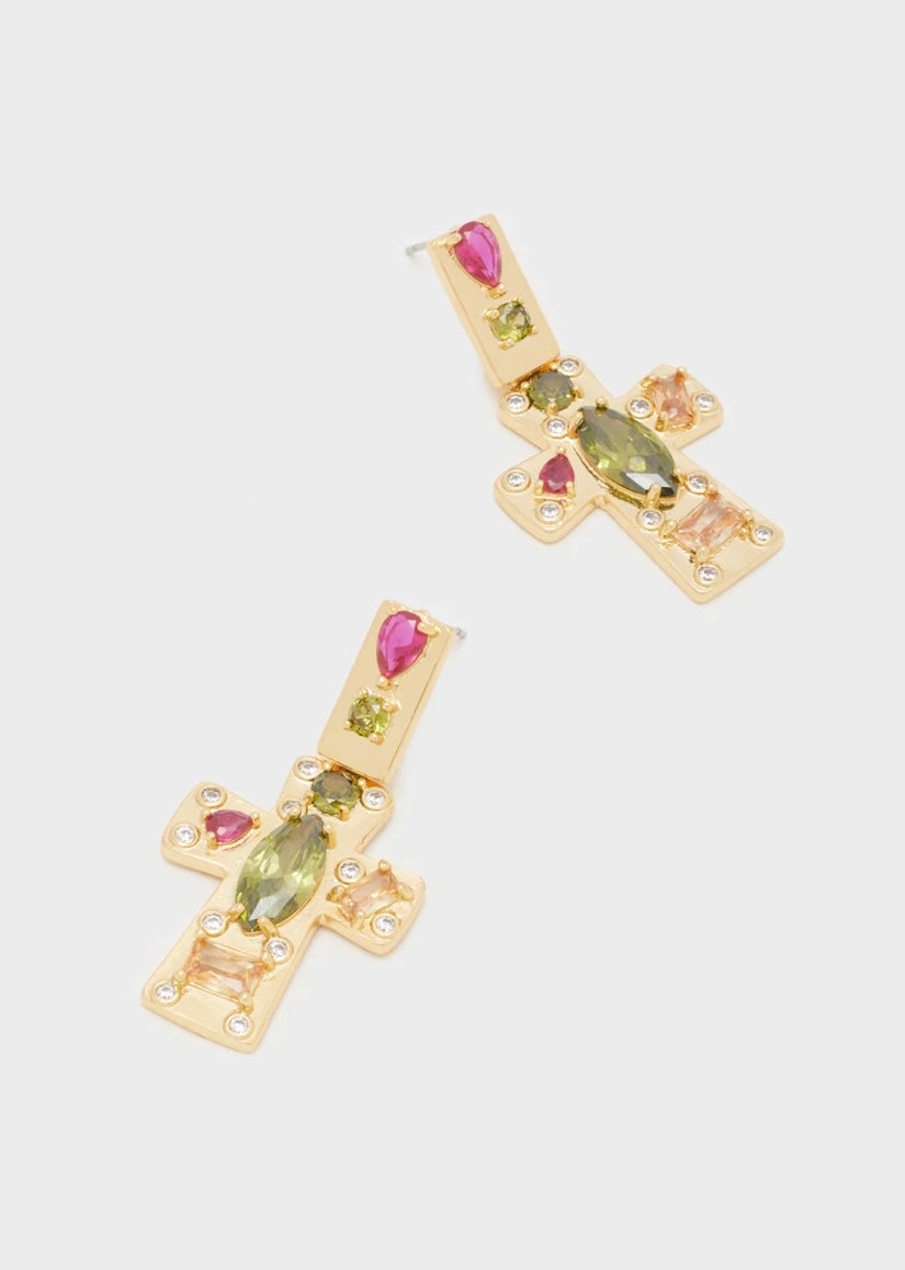 ORECCHINI CROCE ORO ZIRCONI VERDE FUCSIA