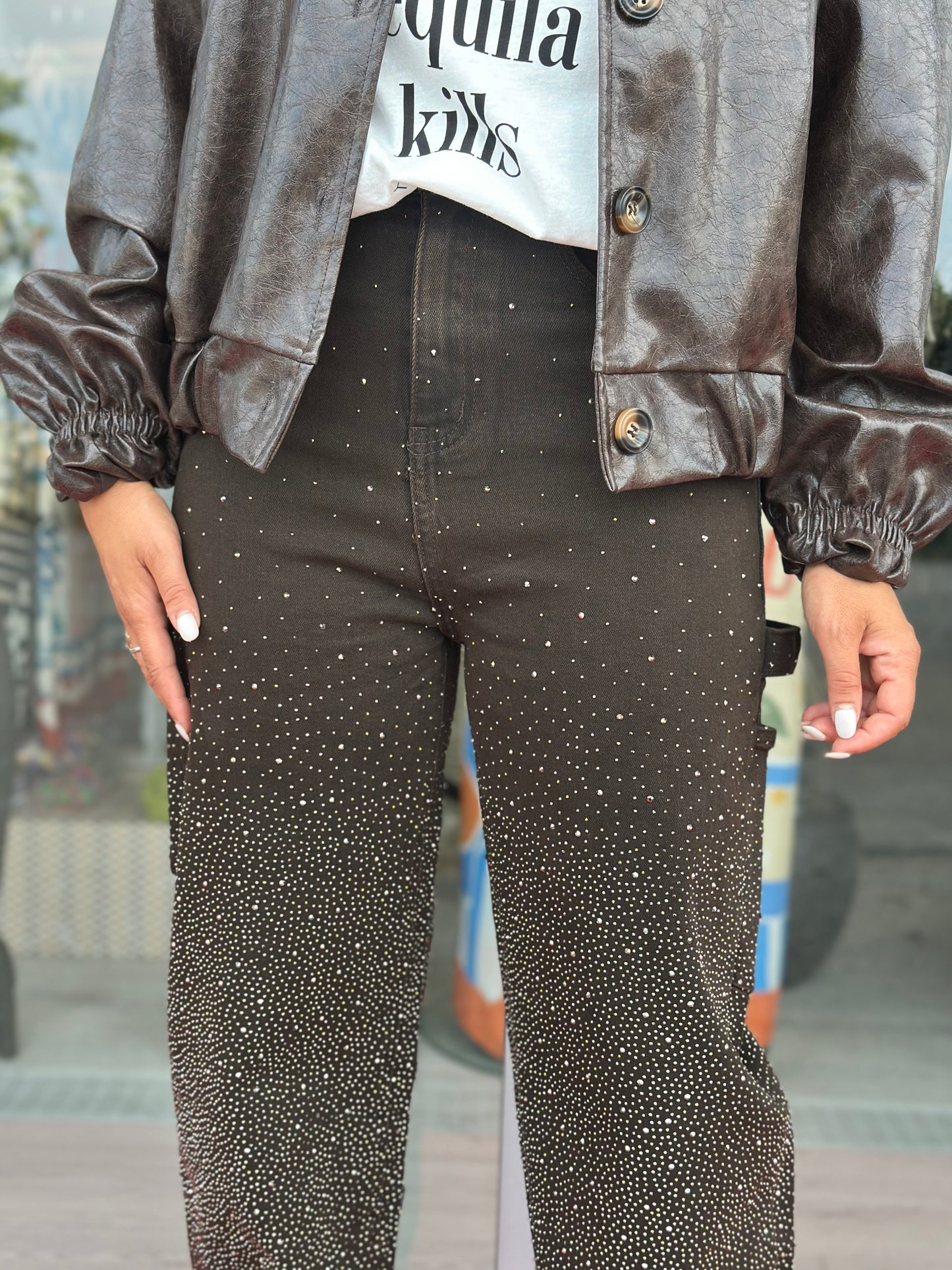 Jeans marroni con strass