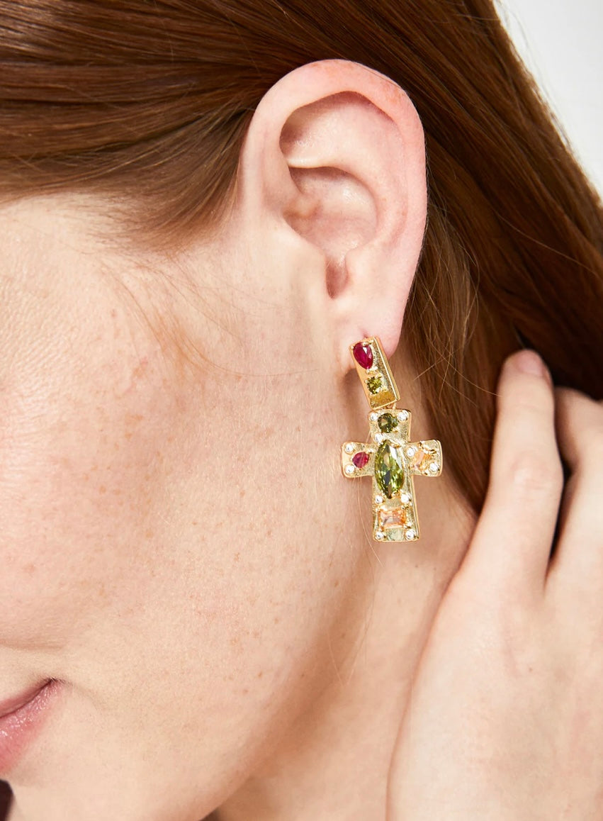 ORECCHINI CROCE ORO ZIRCONI VERDE FUCSIA