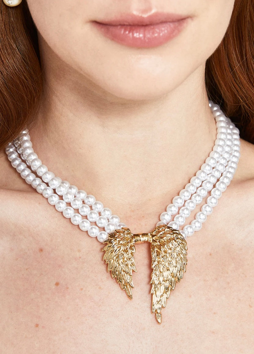 COLLANA MULTIFILO PERLE+ CIONDOLO ALI ORO