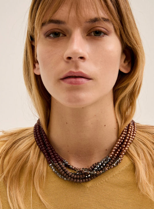 COLLANA MULTIFILO PERLINE MARRONE/BRONZO
