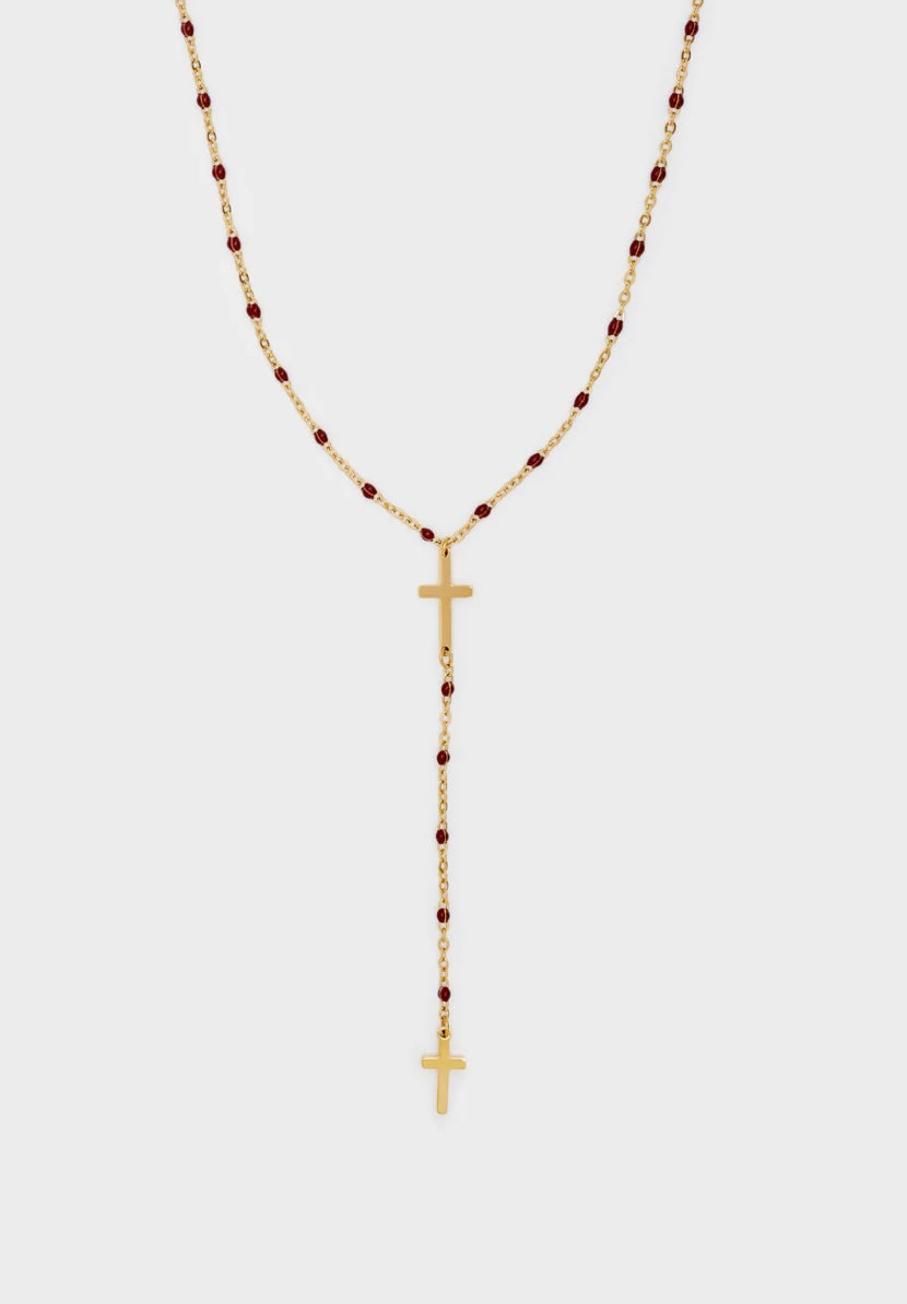 COLLANA CROSS LUNGA ACC.INOS PERLINE ROSSE/NERE