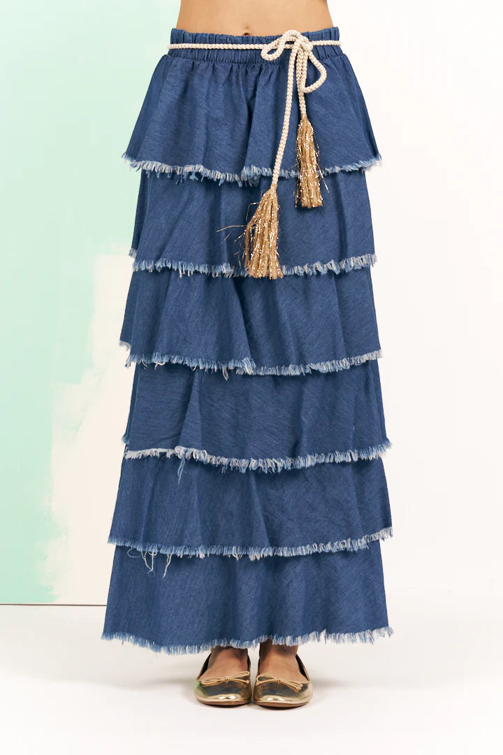 GONNA LUNGA DI BALZE IN DENIM CON CINTURA DI CORDA