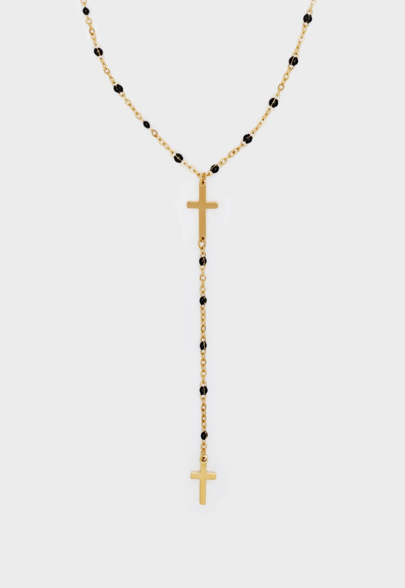 COLLANA CROSS LUNGA ACC.INOS PERLINE ROSSE/NERE