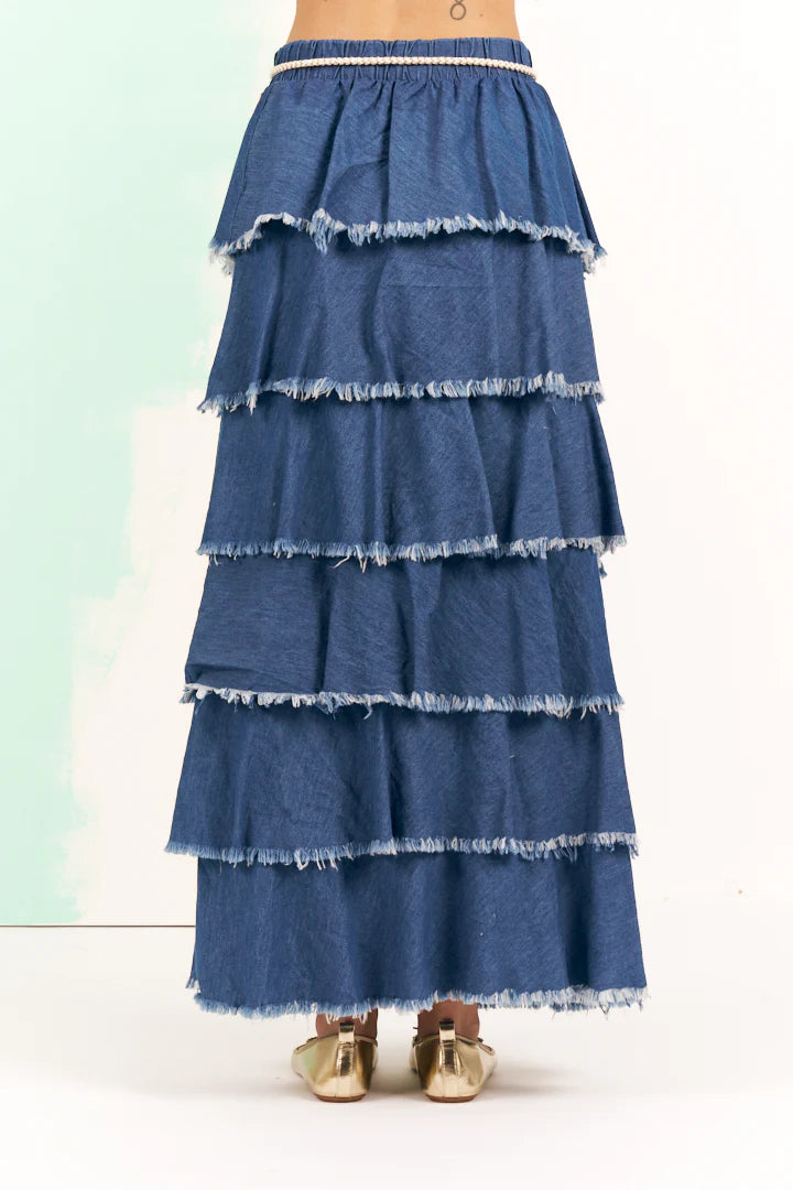 GONNA LUNGA DI BALZE IN DENIM CON CINTURA DI CORDA