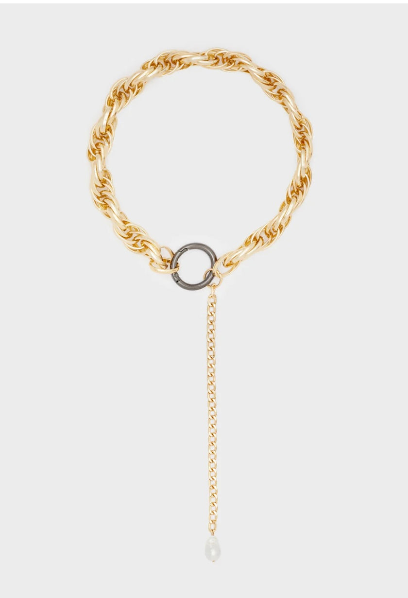 COLLANA MAGLIA SPESSA ORO PENDENTE+PERLA