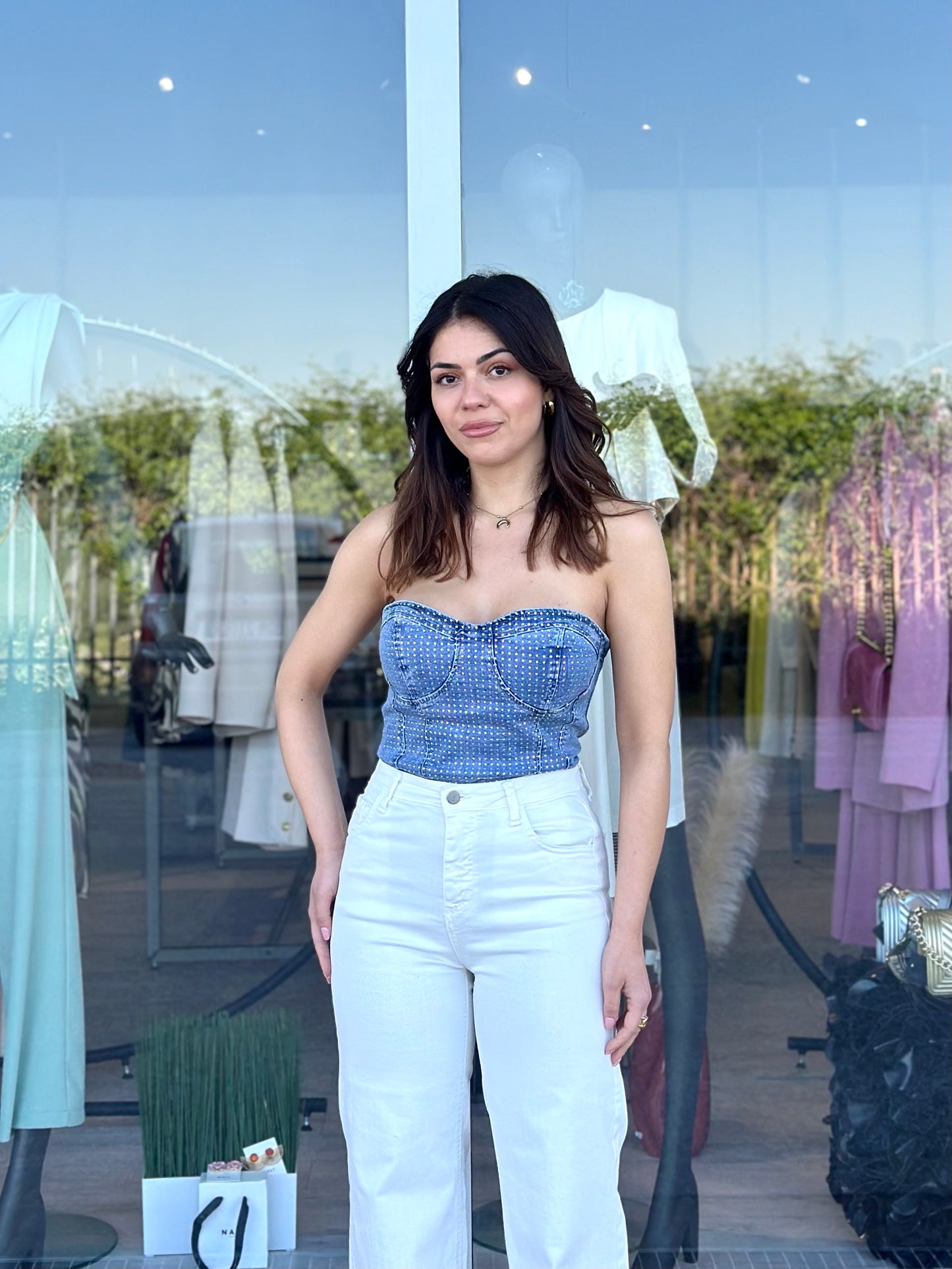 Bustier in denim con strass