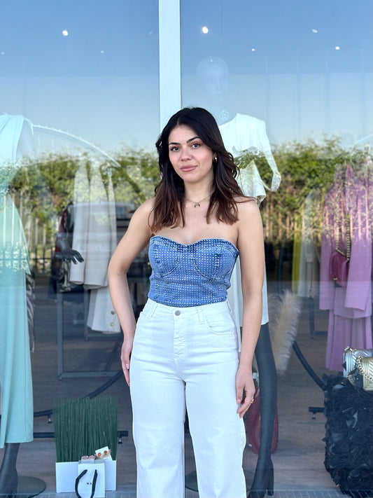 Bustier in denim con strass