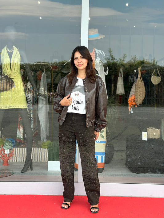 Jeans marroni con strass