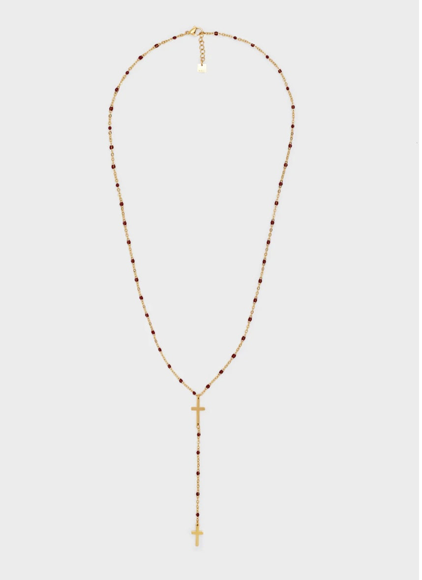 COLLANA CROSS LUNGA ACC.INOS PERLINE ROSSE/NERE