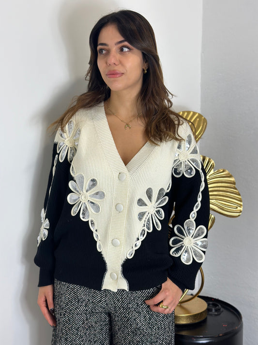 Maxi cardigan fiori e paillettes